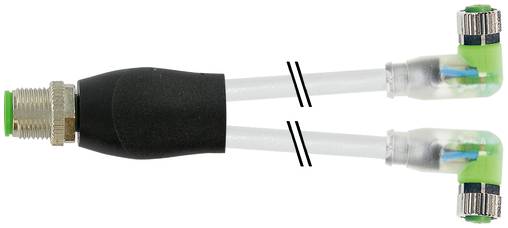 Optischer Verbindungsstecker mit zwei Fasern, schwarzer Schutzkappe und zwei transparenten Kabeln mit grünen Winkelverstindungen.