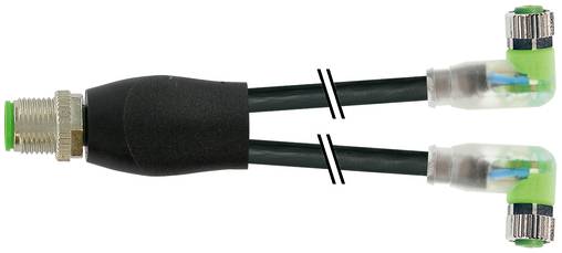 Koaxialkabel mit einem schwarzen splitterähnlichen Stecker, der einen Eingang in zwei Ausgangsleitungen teilt, mit grünen Winkelsteckern an den Enden.