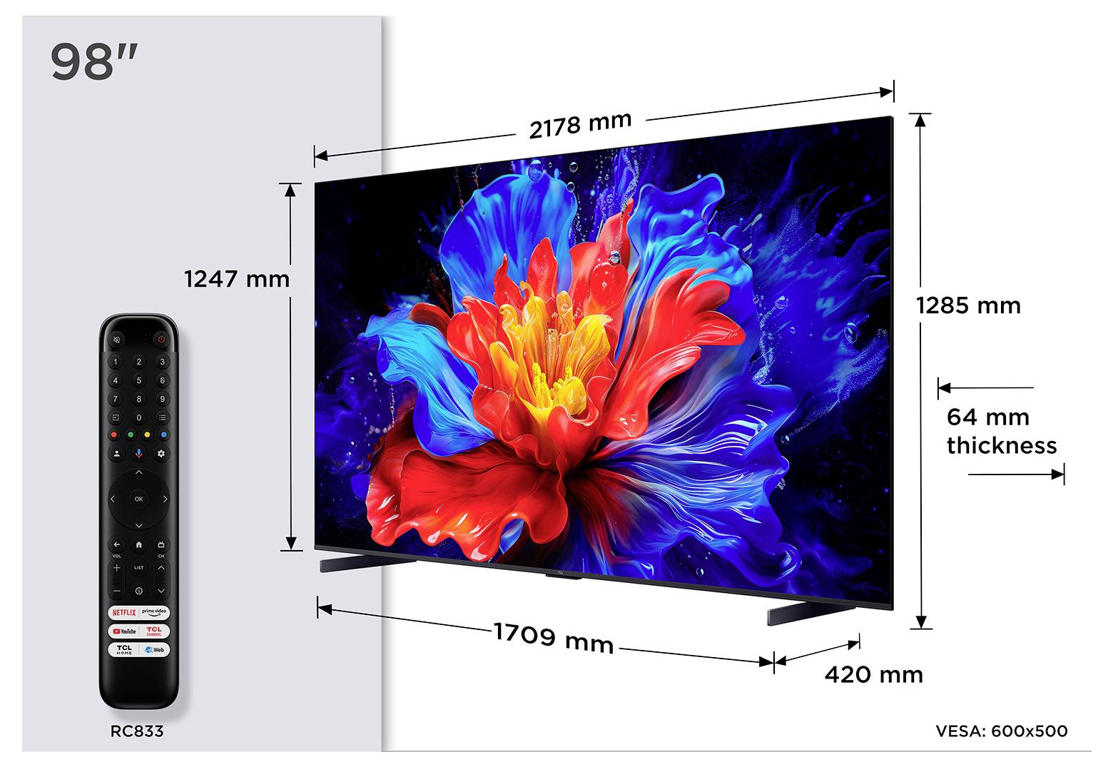 98-Zoll-Fernseher-Dimensionsdiagramm mit Fernbedienung; Bildschirm misst 2178 mm breit mal 1285 mm hoch, Standfuß-Tiefe 420 mm, Dicke 64 mm, VESA 600x500.