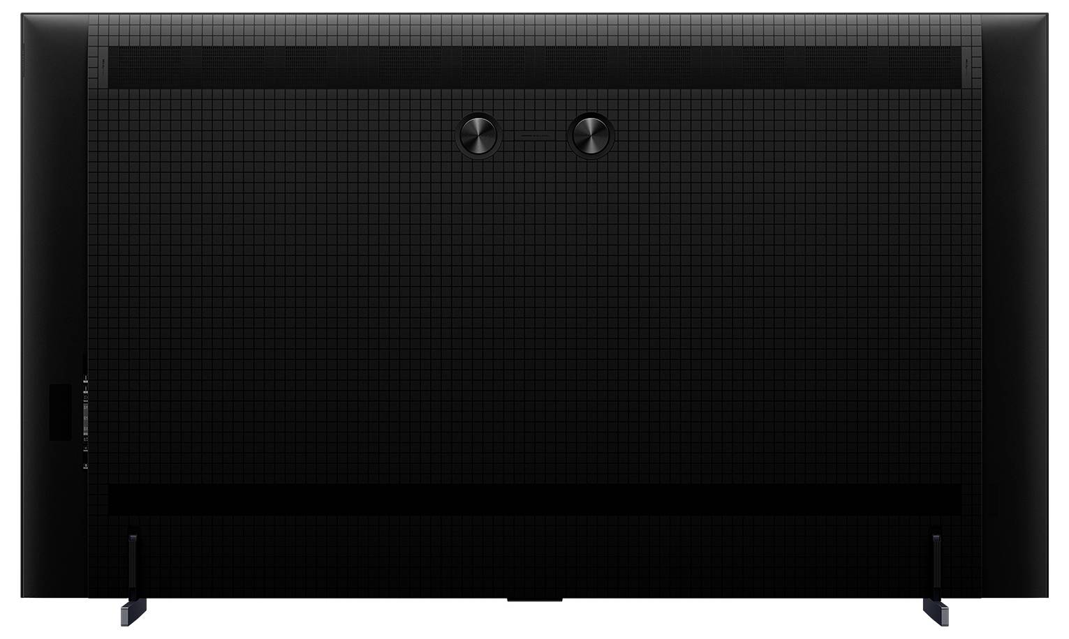 Vorderansicht eines schwarzen Flachbildfernsehers oder Monitors mit einer strukturierten Rückseite, zwei hinteren Bedienungsknöpfen und sichtbaren Ständerbeinen.