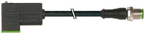 Schwarzes Kabel mit einem rechteckigen Stecker an einem Ende und einem Gewinde-Metallstecker am anderen Ende, horizontal auf weißem Hintergrund dargestellt.