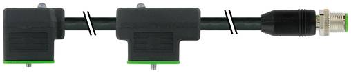 Schwarzes Ethernet-Kabel mit zwei Winkelsteckern und einem Anschlussende mit Gewindemetall.