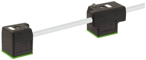 Zwei schwarze Steckverbinder verbunden durch ein weißes Kabel mit grünen Basen, gezeigt auf weißem Hintergrund.