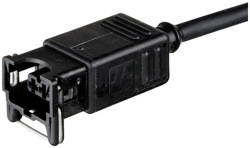 Nahaufnahme eines schwarzen elektrischen Steckerverbinders mit quadratischer Verriegelungsfläche und angebrachtem Kabel auf weißem Hintergrund.