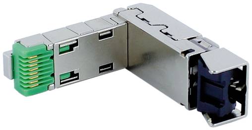 Metallisches Netzwerkadaptermodul mit einem grünen Anschluss auf der einen Seite und einem dunklen Anschluss auf der anderen Seite, gezeigt auf weißem Hintergrund.