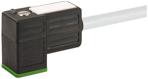 Schwarzer rechtwinkliger Elektrostecker mit grüner Basis und angeschlossenem weißem Kabel.