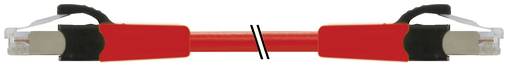 Ein rot-schwarzes Kabel mit Metallverbindern an beiden Enden, horizontal auf weißem Hintergrund dargestellt.