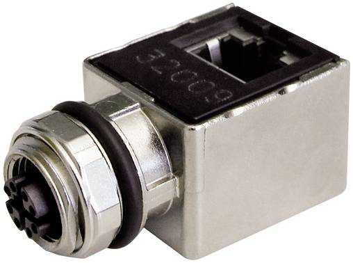 Nahaufnahme eines metallischen rechteckigen Stecker-Steckers mit einer runden Multi-Pin-Buchse und schwarzem Einsatz.