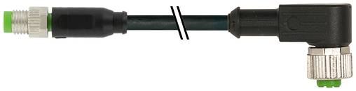 Schwarzes Kabel mit Winkelstecker auf der rechten Seite und Gewindemetallstecker auf der linken Seite, dargestellt als Nahaufnahme-Produktbild.