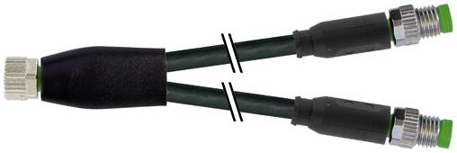 Schwarzes Y-Splitter-Kabel mit einem weiblichen Anschluss auf der linken Seite und zwei männlichen Anschlüssen auf der rechten Seite, verwendet um eine einzelne Verbindung in zwei aufzuteilen.