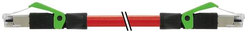 Rotes isoliertes Kabel mit Metallverbindern an beiden Enden und grünen Klemmen, die schwarze Hülsen halten, mit einer Bruchmarkierung in der Mitte.