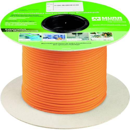 Oranges Kabel auf einer Spule mit einem grünen Murrelektronik-Etikett, dargestellt als Produktbild auf weißem Hintergrund.