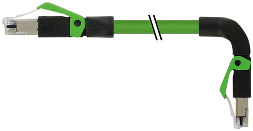 Grünes Ethernet-Kabel mit Winkelverschraubungen und Verriegelungsclips, auf weißem Hintergrund abgebildet mit einer Unterbrechungsmarkierung in der Mitte.