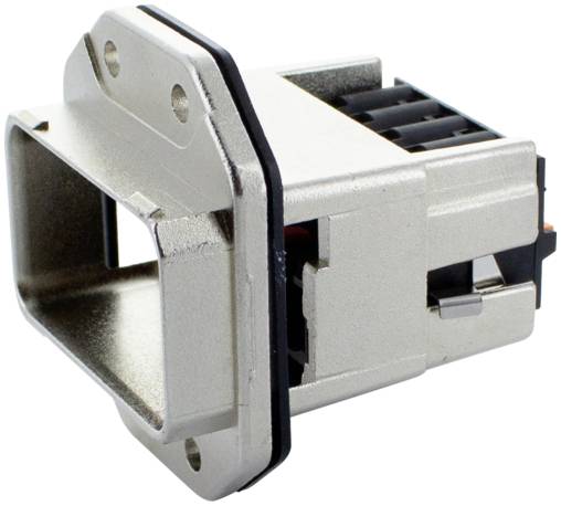 Rechteckiger Metall-Elektrostecker mit Befestigungsflansch, vor weißem Hintergrund dargestellt.