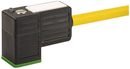 Schwarzer rechtwinkliger Elektrostecker mit gelbem Kabel, gezeigt auf weißem Hintergrund.