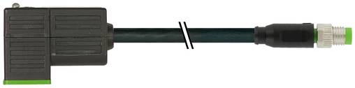 Schwarzes Kabel mit einem großen rechteckigen Stecker auf der linken Seite und einem kleineren Gewinde-Stecker mit grüner Spitze auf der rechten Seite.