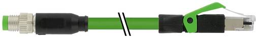 Grünes Kabel mit schwarzen Steckern, das eine zentrale Schrägstrichlinie und eine grüne Hebel-Sperrklinke am rechten Stecker zeigt.