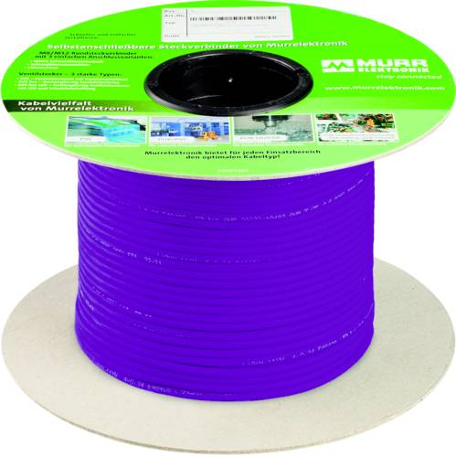 Eine violette Kabelspule mit grünem Murrelektronik-Etikett, auf dem selbstsperrende Steckverbinder und Kabelverkabelungsprodukteverpackung angezeigt werden.