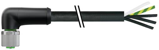 Schwarzer Winkelsteckverbinder mit Gewindemetallring, wobei die Kabelummantelung am Ende abisoliert ist, um mehrere innere Drähte freizulegen.