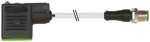 Ein schwarzes rechteckiges Gerät auf der linken Seite ist durch ein weißes Kabel mit einem Gewinde-Stecker auf der rechten Seite verbunden.