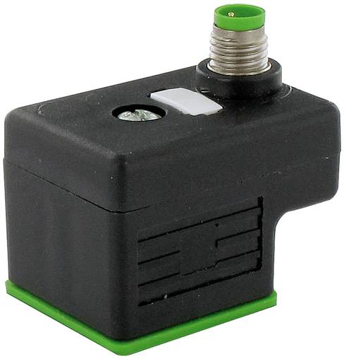 Schwarzer elektrischer Sensor oder Steckverbinder-Block mit grüner Basis und gewindelierter Metallbefestigung oben, gezeigt auf weißem Hintergrund.