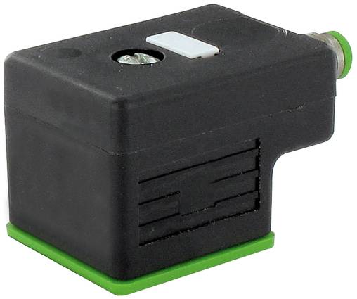 Schwarzes rechteckiges elektrisches Ventil oder Stellantrieb mit grüner Basis und Anschluss, auf weißem Hintergrund dargestellt.