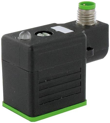 Schwarzes Industrie-Sensor- oder Schaltermodul mit grüner Basis und Gewinde-Metallstecker oben, dargestellt auf weißem Hintergrund.