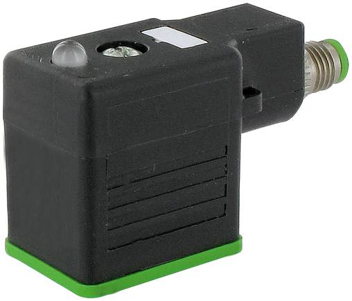 Schwarzes Winkelsensor- oder Steckermodul mit gewindelspitze aus Metall und grünen Basisakzenten, auf weißem Hintergrund dargestellt.