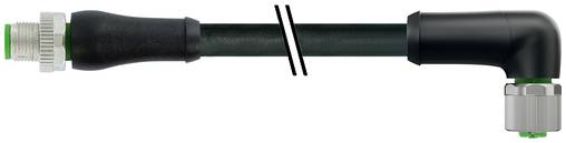 Schwarzes Kabel mit einem Winkelstecker und Metallkupplungen an beiden Enden, vor weißem Hintergrund dargestellt.