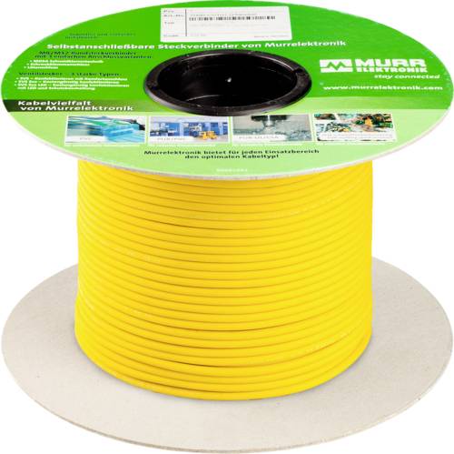 Spule mit leuchtend gelbem Kabel und grünem Murrelektronik-Etikett auf weiße Spule, Produktfoto auf neutralem Hintergrund.