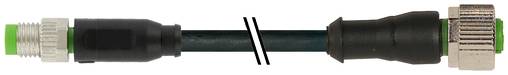 Schwarzes Kabel mit Metallsteckern an beiden Enden, wahrscheinlich ein Adapter oder Verlängerungskabel, auf weißem Hintergrund dargestellt.
