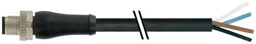 Ein schwarzes Kabel mit einem Metallstecker auf der linken Seite und drei freigelegten farbigen Drähten auf der rechten Seite, in der Mitte durchtrennt.