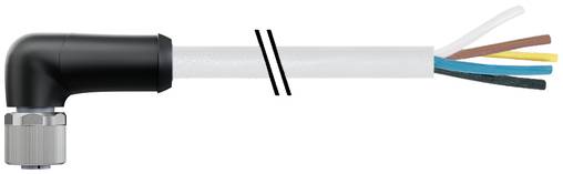 Rechtwinkliges Kabel mit schwarzem Winkelstecker und freiliegenden farbigen Innendrähten am abgeschnittenen Ende.