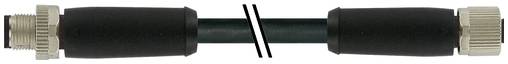 Ein schwarzes Kabel mit silbernen Steckverbindern an beiden Enden, horizontal auf weißem Hintergrund dargestellt.