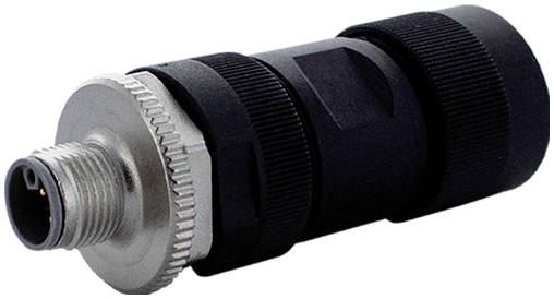 Schwarzer zylindrischer Steckerverbinder mit einer Gewinde-Metallfassung und geriffeltem silbernem Ring auf weißem Hintergrund.