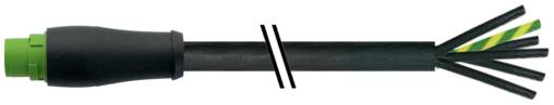 Schwarzes Lichtwellenleiterkabel mit grünem Stecker an einem Ende und freiliegenden inneren Fasern am anderen Ende.
