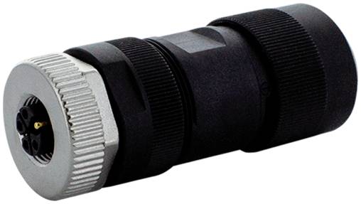 Schwarzer kreisförmiger Elektrostecker mit silbernem gerilltem Verriegelungsring, dargestellt auf weißem Hintergrund.