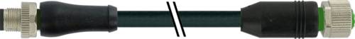 Schwarzes Kabel mit Metallverbindern und schwarzen Schutzaufsätzen, dargestellt als Großaufnahme einer zusammengesetzten Kabelverbindung.