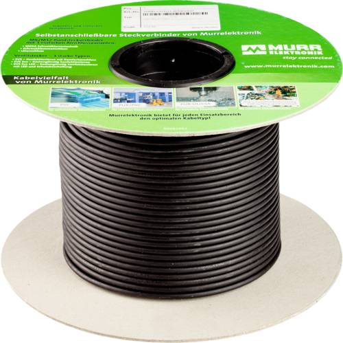 Eine große Spule schwarzes Kabel oder Schlauch auf einer Kartonspule mit einem grünen Murrelektronik-Produktetikett oben.