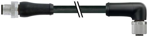 Schwarzes Koaxialkabel mit Metallsteckern und einem rechtwinkligen Bogenstück auf weißem Hintergrund.