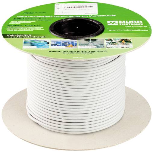 Spule mit weißem Kabel auf einer Pappspule mit grünem Murr Elektronik-Etikett, zeigt selbstklebende Steckverbinder und Kabelmanagement-Branding.