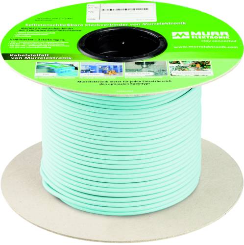 Spule mit türkisfarbenem Kabel mit grünem Mueller-Etikett, das eine Spule aus Faser- oder Netzwerkkabel auf einer Pappspule zeigt.
