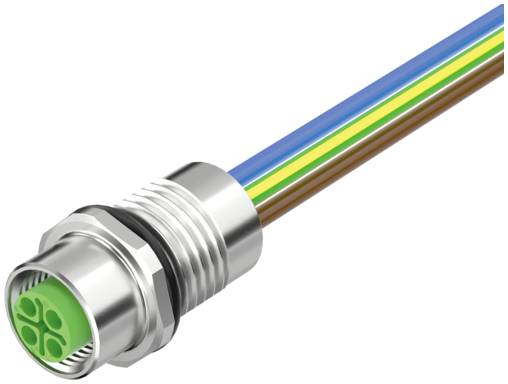Metallkabelstecker mit vier farbcodierten Drähten, die sich auf weißem Hintergrund davon erstrecken.