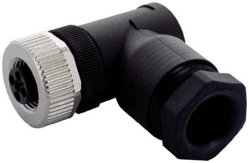 Rechtwinkliger schwarzer Kabelstecker mit einer silbernen gerillten Kuppelungsmutter auf weißem Hintergrund.