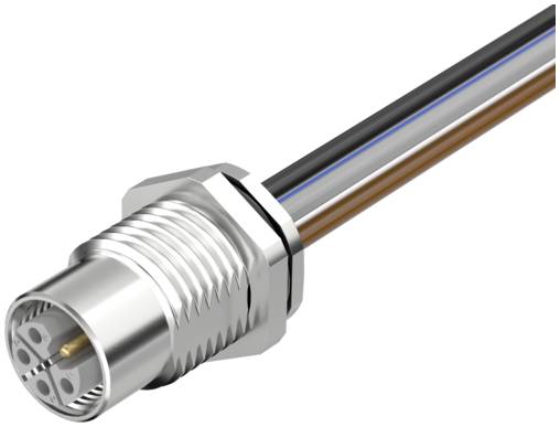 Nahaufnahme eines metallischen kreisförmigen Elektrosteckers mit drei farbigen Drähten, die sich vor einem weißen Hintergrund von ihm erstrecken.