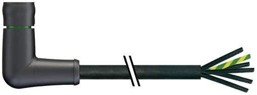 Schnittzeichnung eines rechtwinkligen schwarzen Steckerverbinders, der an einem mehraderigen Kabel befestigt ist, mit freigelegten grün gestreiften Drähten am Ende.