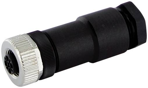 Schwarzer zylindrischer Elektrostecker-Adapter mit versilbertem Gewinde-Ende auf weißem Hintergrund.