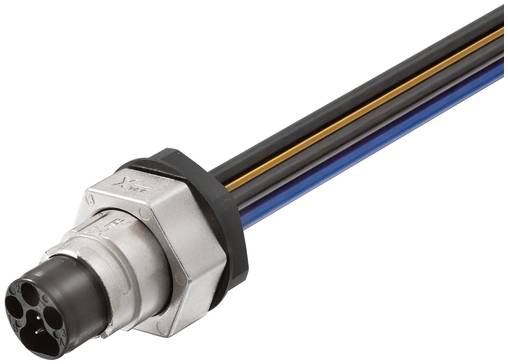 Nahaufnahme eines Metallkabelsteckers mit einem schwarzen kreisförmigen Stecker und mehreren farbigen Drähten, die davon ausgehen.