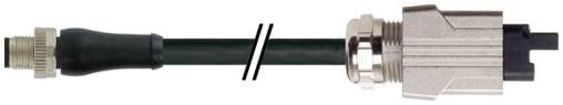 Glasfaserkabelstecker mit schwarzem Kabel und metallischem Stecker, in einem gestrichelten Format dargestellt, das einen Längenbruch oder eine Fortsetzung anzeigt.