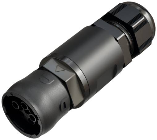Schwarzer zylindrischer elektrischer Stecker mit mehreren Buchsenkontakten und einer Verschlusskappe mit Gewinde, dargestellt vor weißem Hintergrund.